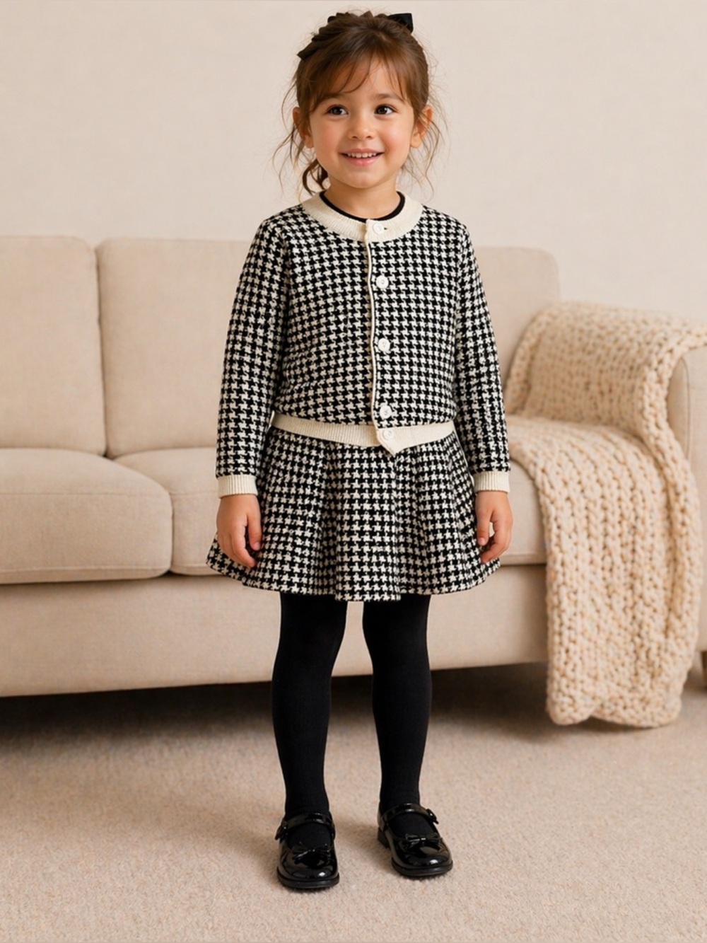 Adorable Houndstooth Sweater Skirt Set Cardigan Knit Warm Cozy Winter Fall